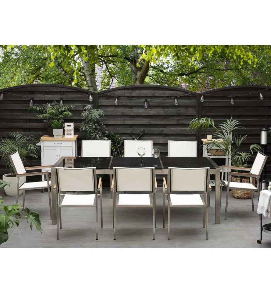 Gartenmöbel Set 8-Sitzer GROSSETO Dreifachplatte Granit Polierter Schwarz / Weiss