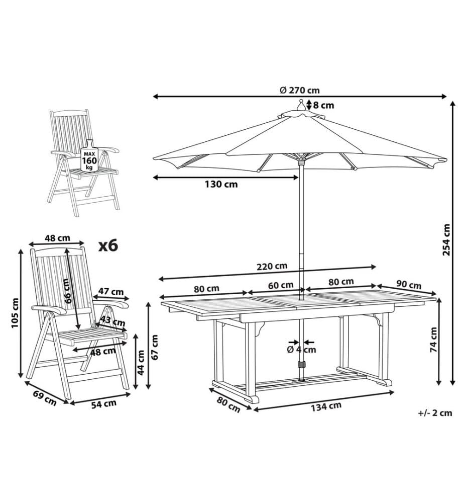 Salle à manger de jardin 6 places JAVA avec parasol (12 options) Acacia Marron clair