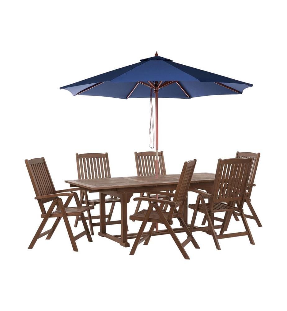 Salle à manger de jardin 6 places AMANTEA avec parasol Acacia Bleu