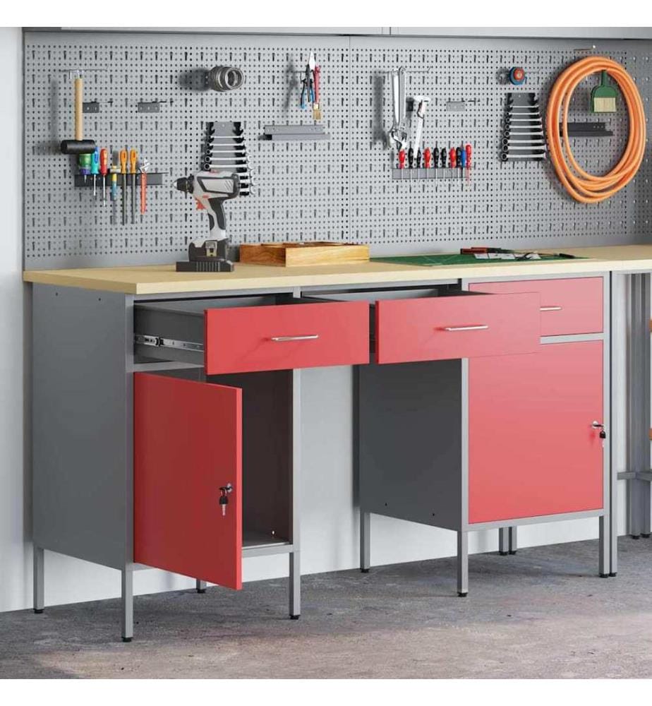 Placard de travail 3 pcs Rouge Bois d'ingénierie et acier