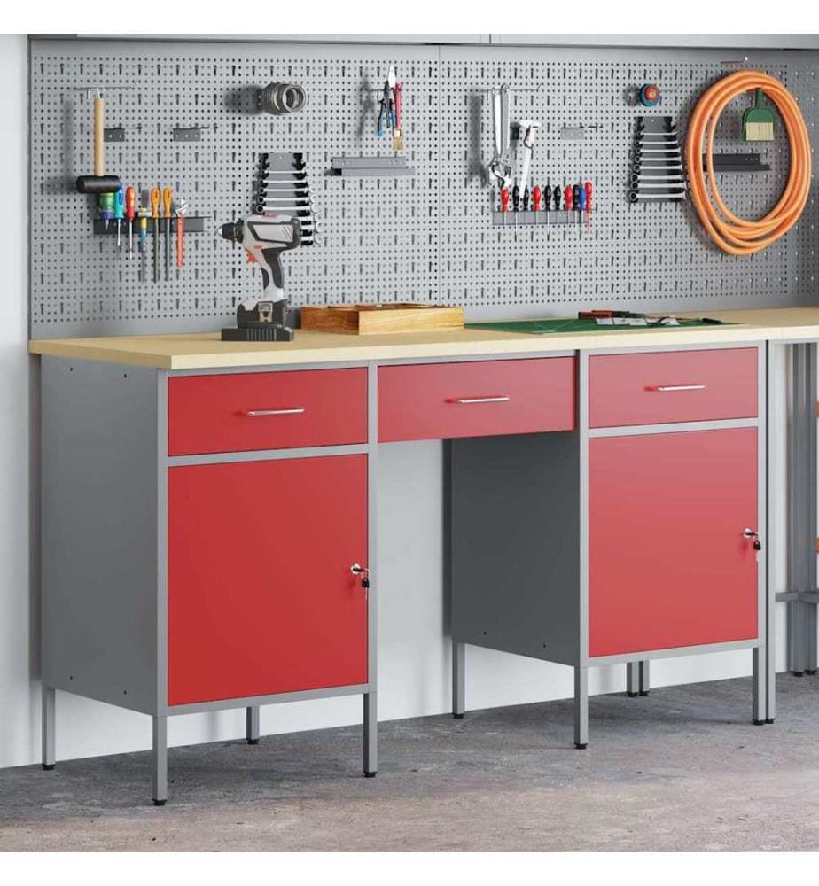 Placard de travail 3 pcs Rouge Bois d'ingénierie et acier