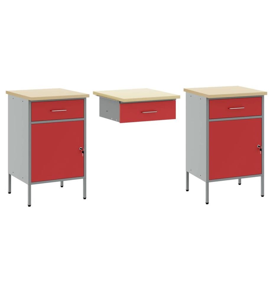 Placard de travail 3 pcs Rouge Bois d'ingénierie et acier