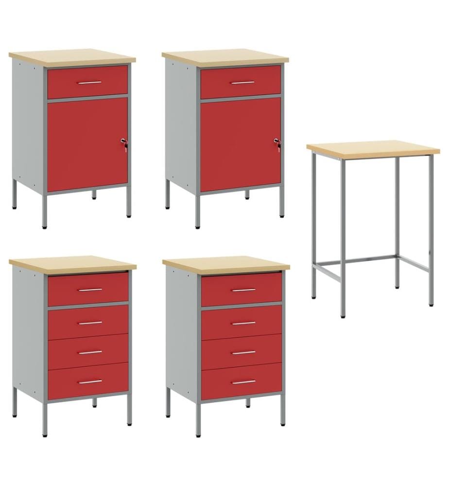 Placard de travail 3 pcs Rouge Bois d'ingénierie et acier