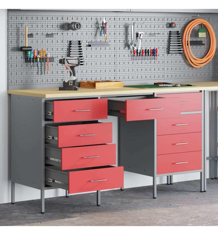 Placard de travail 3 pcs Rouge Bois d'ingénierie et acier
