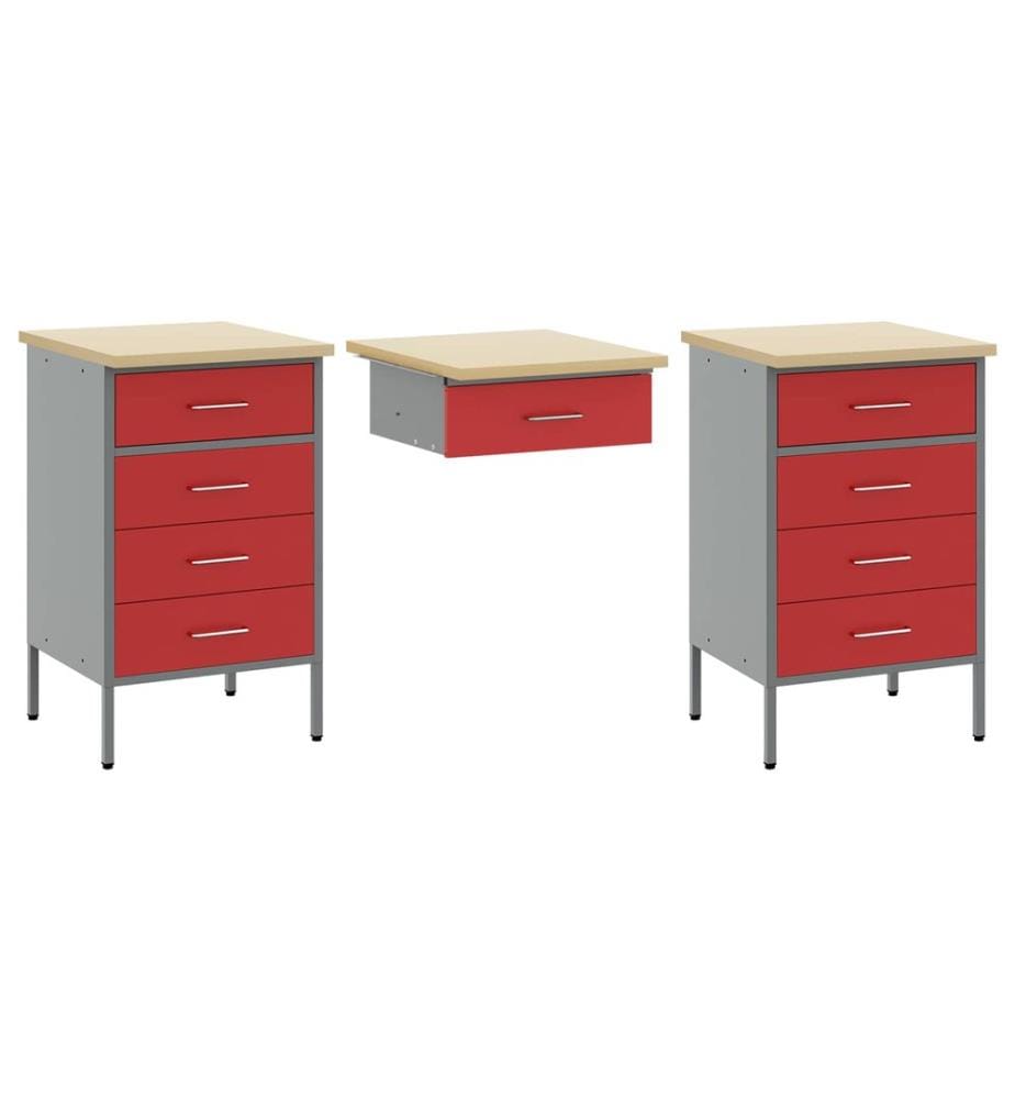 Placard de travail 3 pcs Rouge Bois d'ingénierie et acier