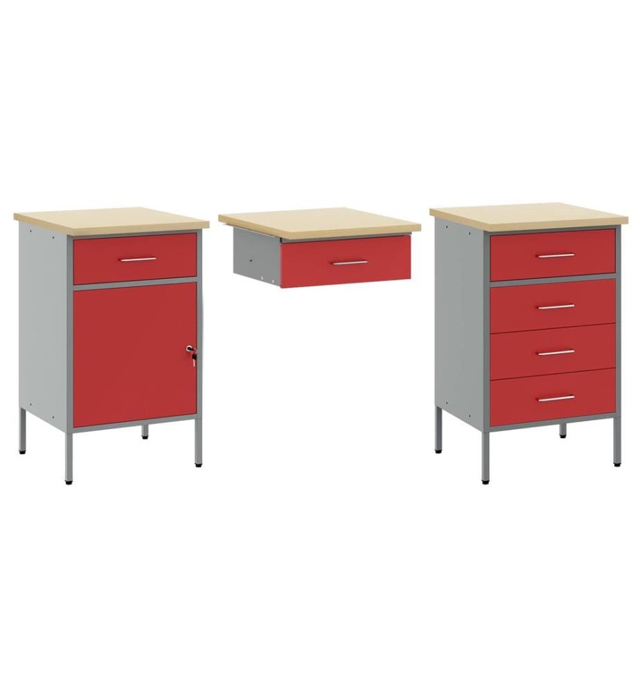 Placard de travail 3 pcs Rouge Bois d'ingénierie et acier