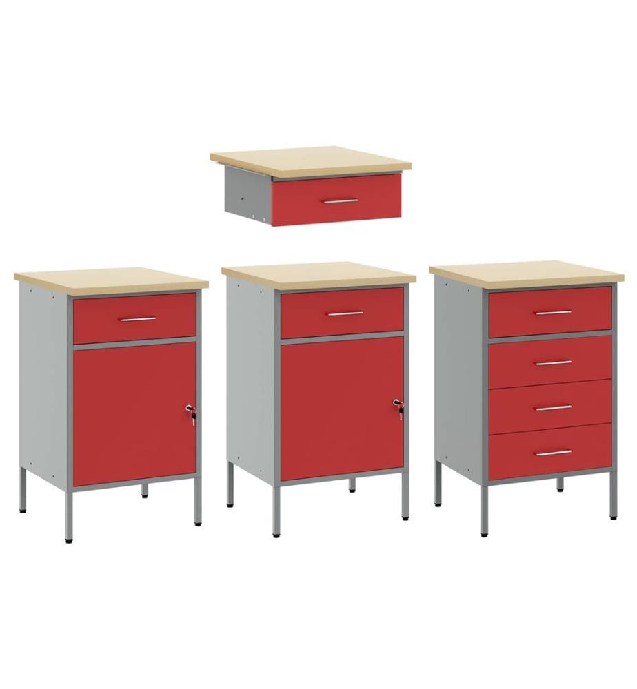 Placard de travail 4 pcs Rouge Bois d'ingénierie et acier