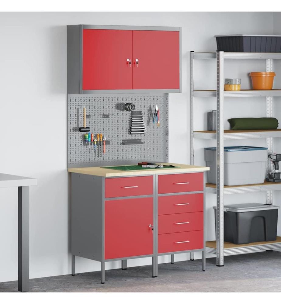 Werkbank mit Schubladen 5 pcs Rot Ingenieure Holz und Stahl
