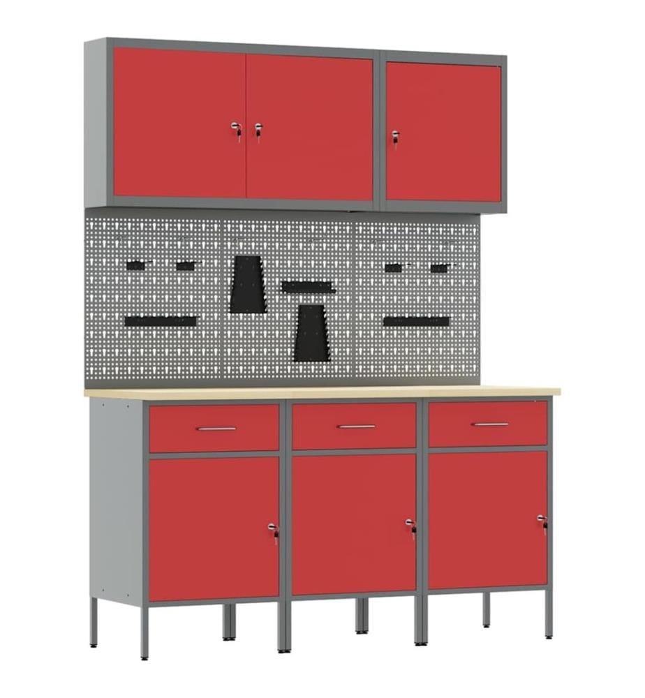Placard de travail 8 pcs Rouge Bois d'ingénierie et acier