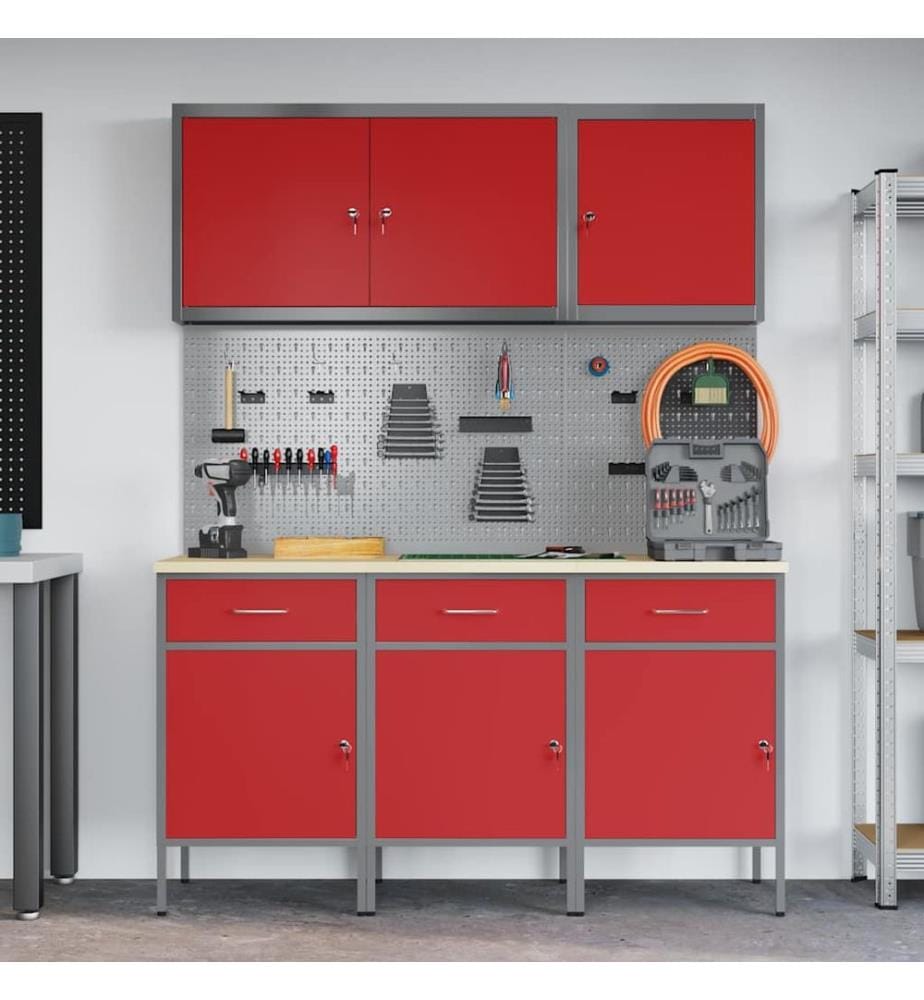 Placard de travail 8 pcs Rouge Bois d'ingénierie et acier