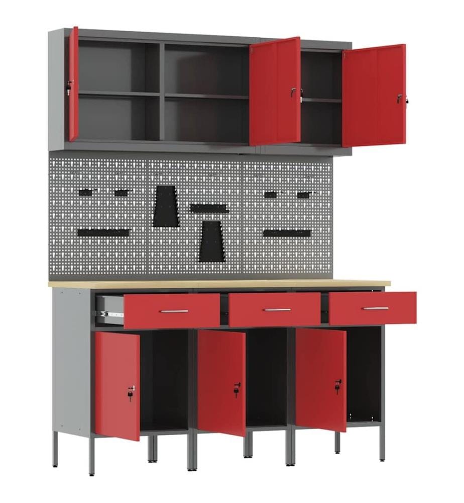 Placard de travail 8 pcs Rouge Bois d'ingénierie et acier