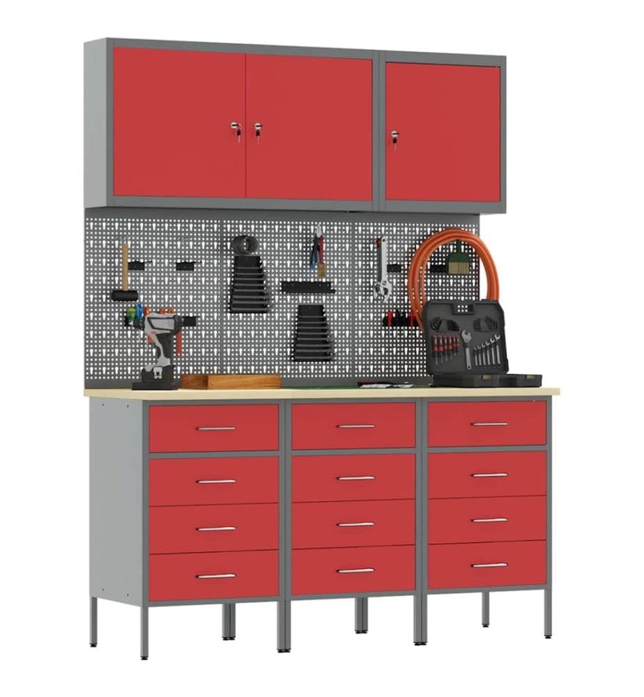 Placard de travail 8 pcs Rouge Bois d'ingénierie et acier