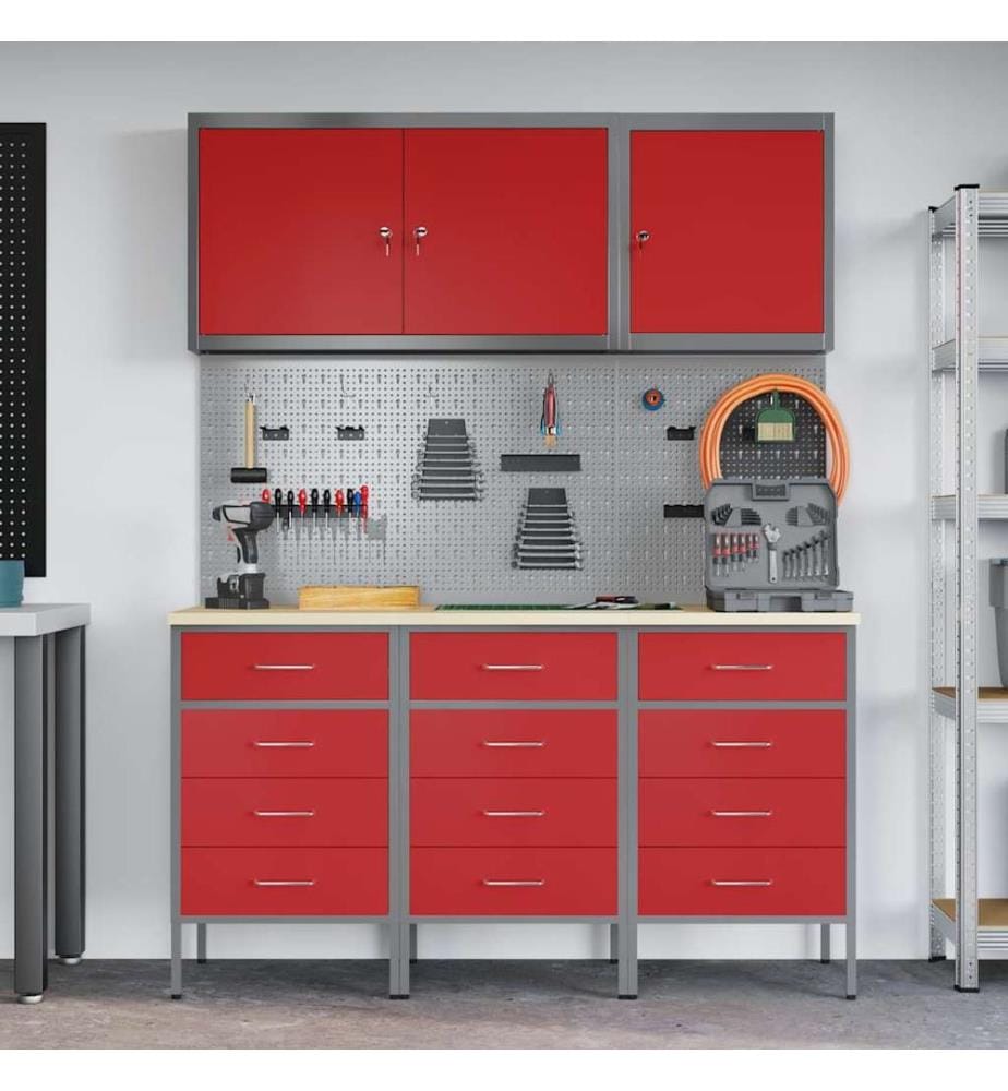 Placard de travail 8 pcs Rouge Bois d'ingénierie et acier