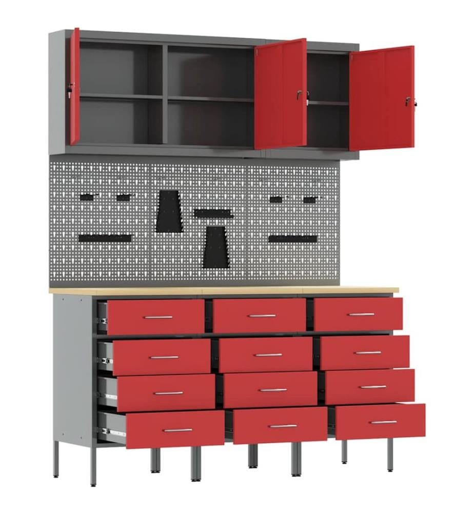 Placard de travail 8 pcs Rouge Bois d'ingénierie et acier