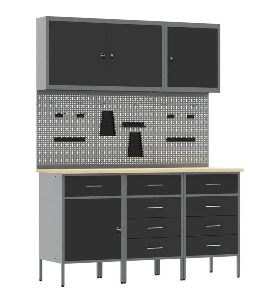 Werkbank mit Schubladen 8 pcs Schwarz Ingenieure Holz und Stahl