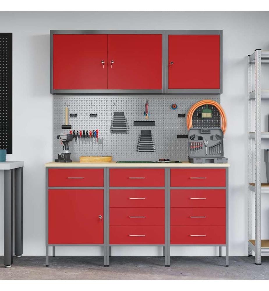 Werkbank mit Schubladen 8 pcs Rot Ingenieure Holz und Stahl