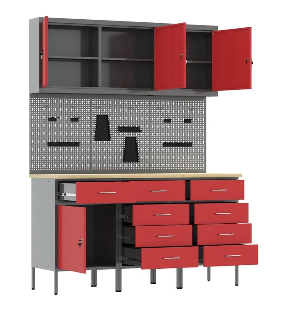 Werkbank mit Schubladen 8 pcs Rot Ingenieure Holz und Stahl