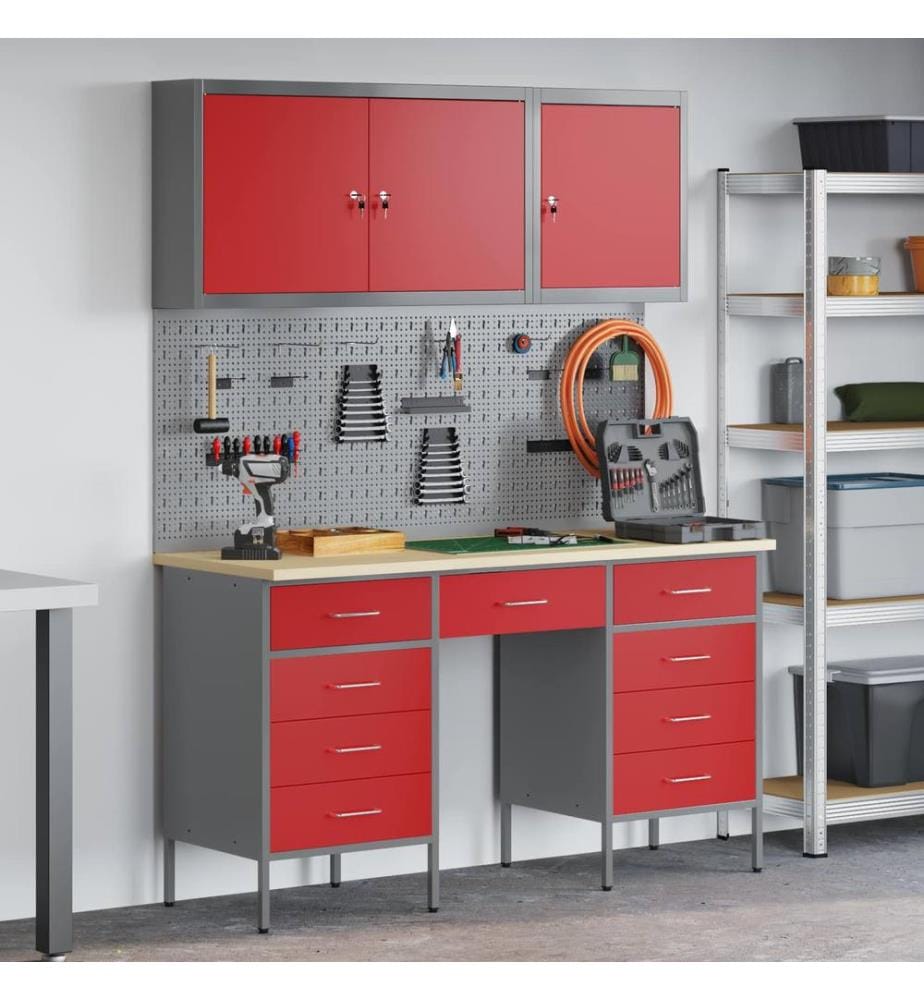 Placard de travail 8 pcs Rouge Bois d'ingénierie et acier