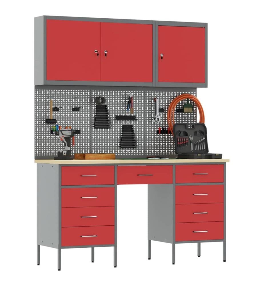 Placard de travail 8 pcs Rouge Bois d'ingénierie et acier
