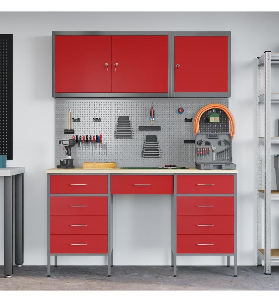Placard de travail 8 pcs Rouge Bois d'ingénierie et acier