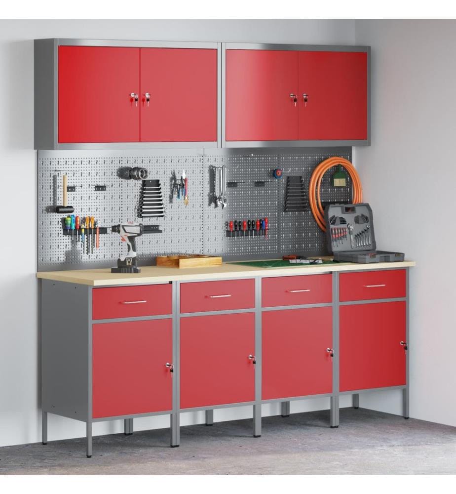 Werkbank mit Schubladen 10 pcs Rot Ingenieure Holz und Stahl