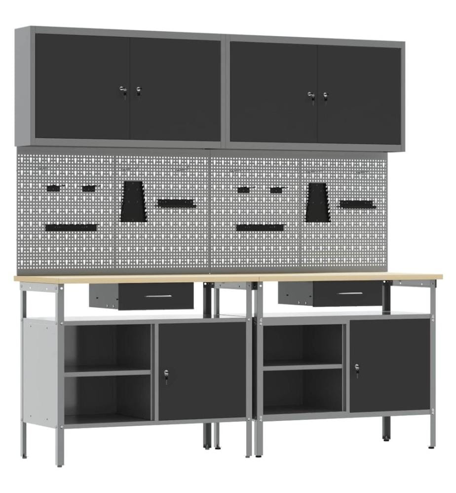 Ensemble d'établi 8 pcs Noir et gris Acier enduit de poudre