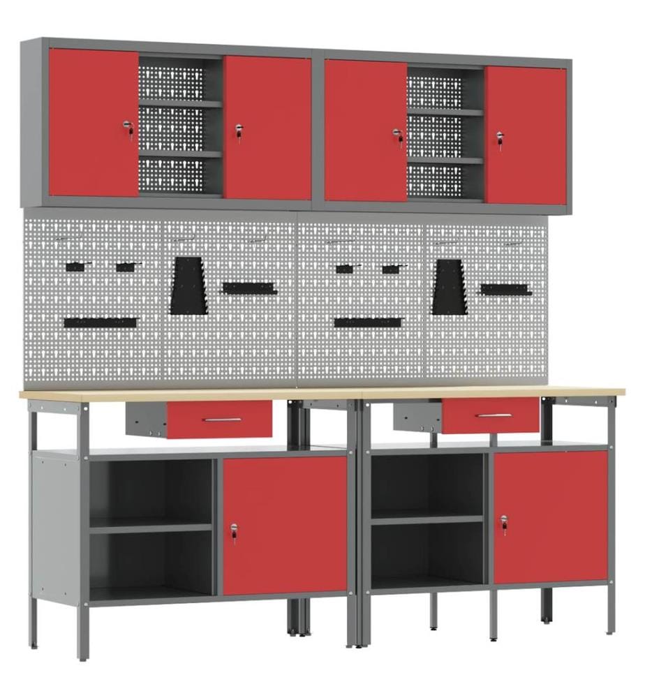 Ensemble d'établi 8 pcs Rouge et Gris Acier enduit de poudre