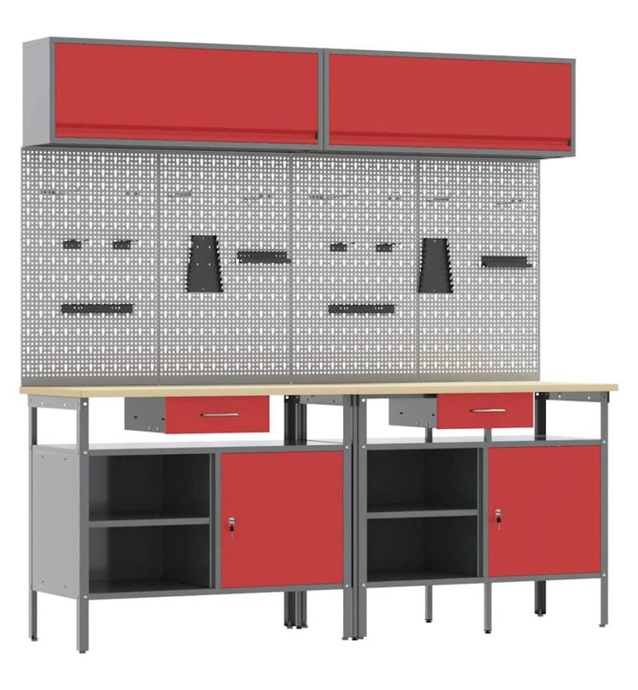 Ensemble d'établi 8 pcs Rouge et Gris Acier enduit de poudre