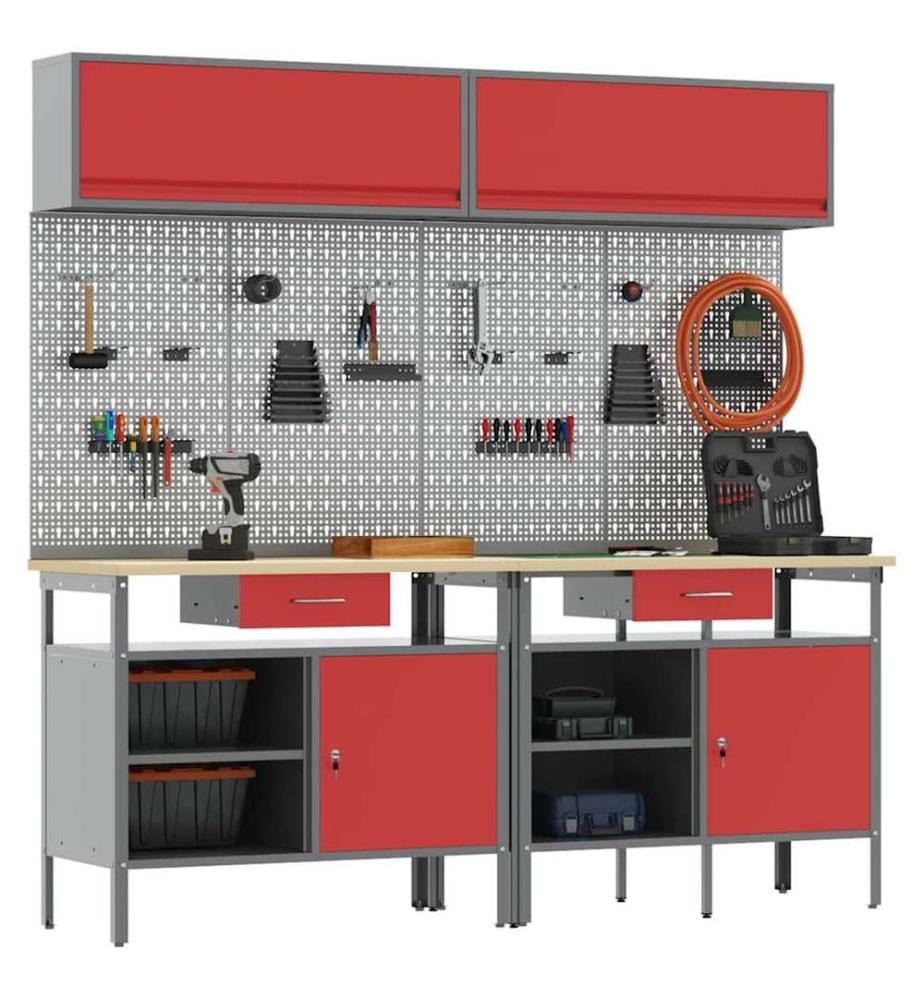 Ensemble d'établi 8 pcs Rouge et Gris Acier enduit de poudre