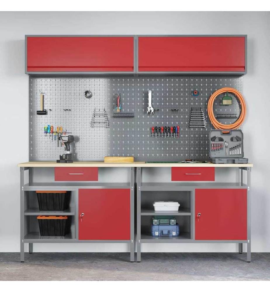 Ensemble d'établi 8 pcs Rouge et Gris Acier enduit de poudre