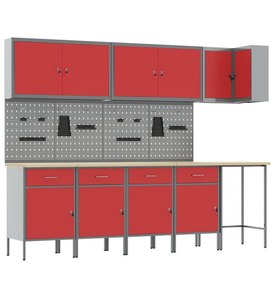 Arbeitsschrankset mit Schubladen mit Regal 12 pcs Rot und Grau