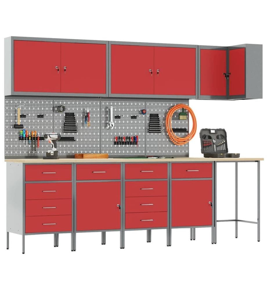 Arbeitsschrankset mit Schubladen mit Regal 12 pcs Rot und Grau