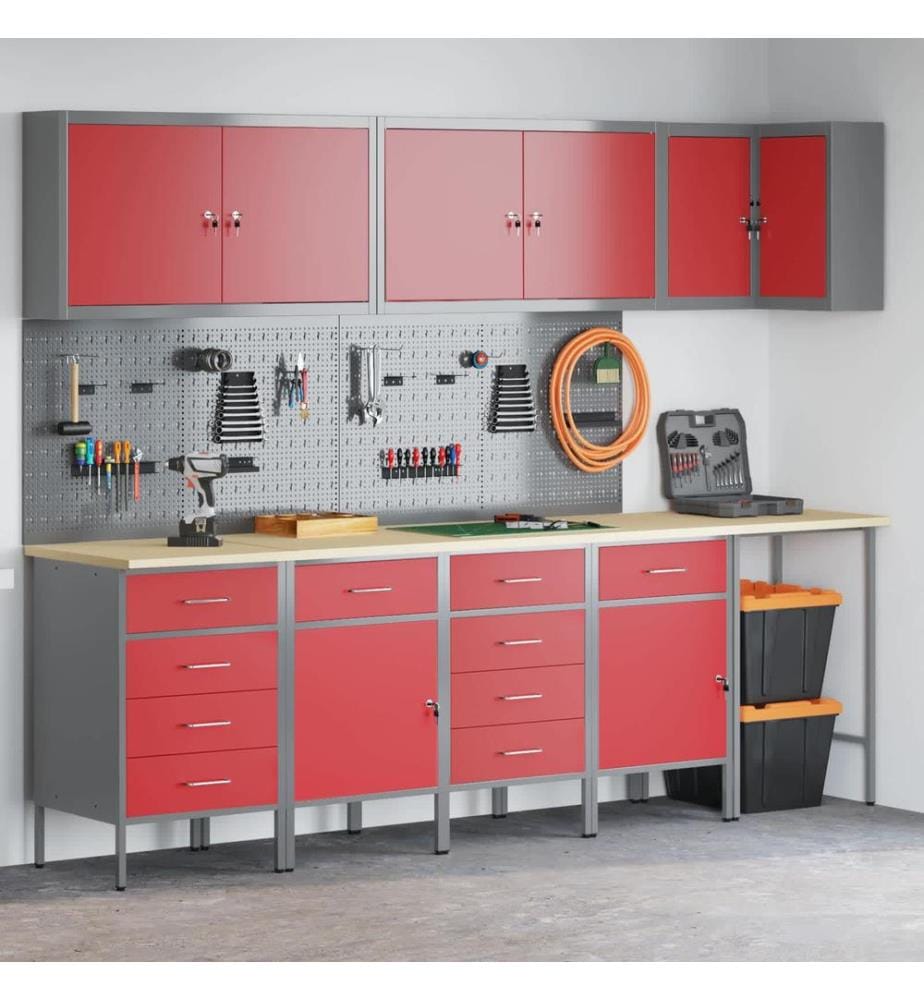 Arbeitsschrankset mit Schubladen mit Regal 12 pcs Rot und Grau