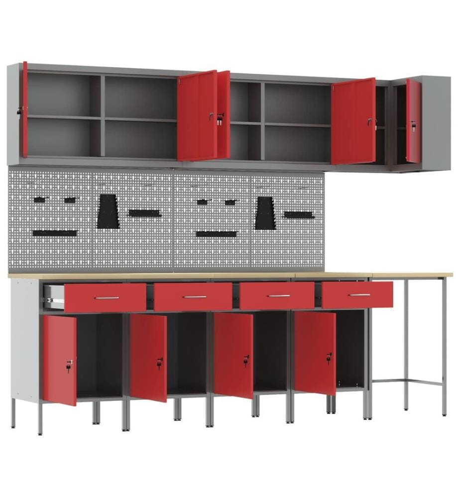 Arbeitsschrankset mit Schubladen mit Regal 12 pcs Rot und Grau