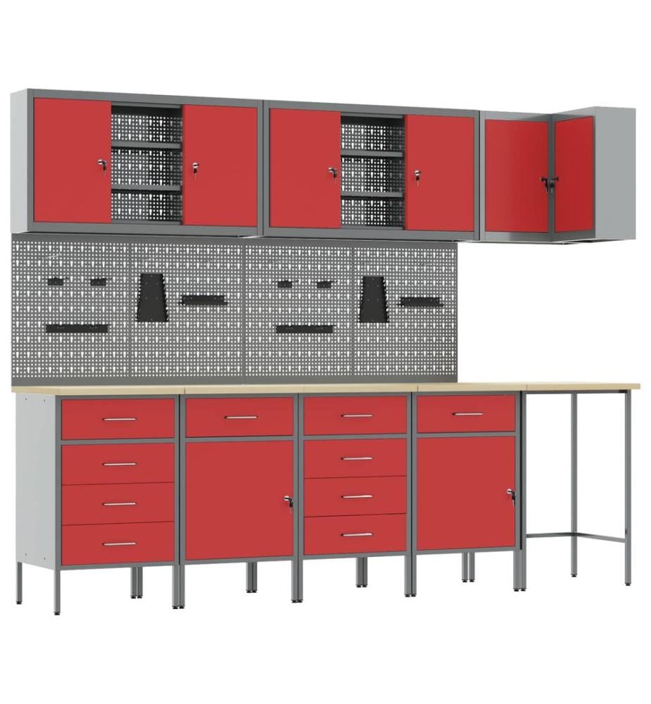 Arbeitsschrankset mit Schubladen mit Regal 12 pcs Rot und Grau