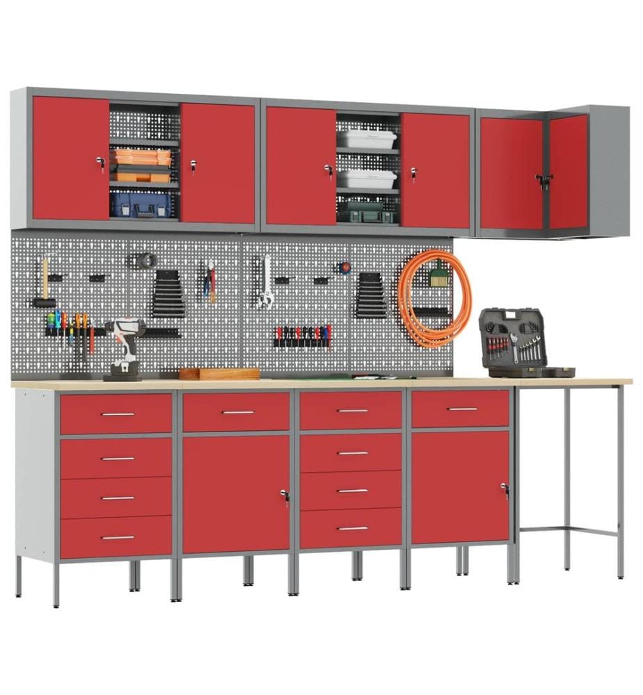 Arbeitsschrankset mit Schubladen mit Regal 12 pcs Rot und Grau