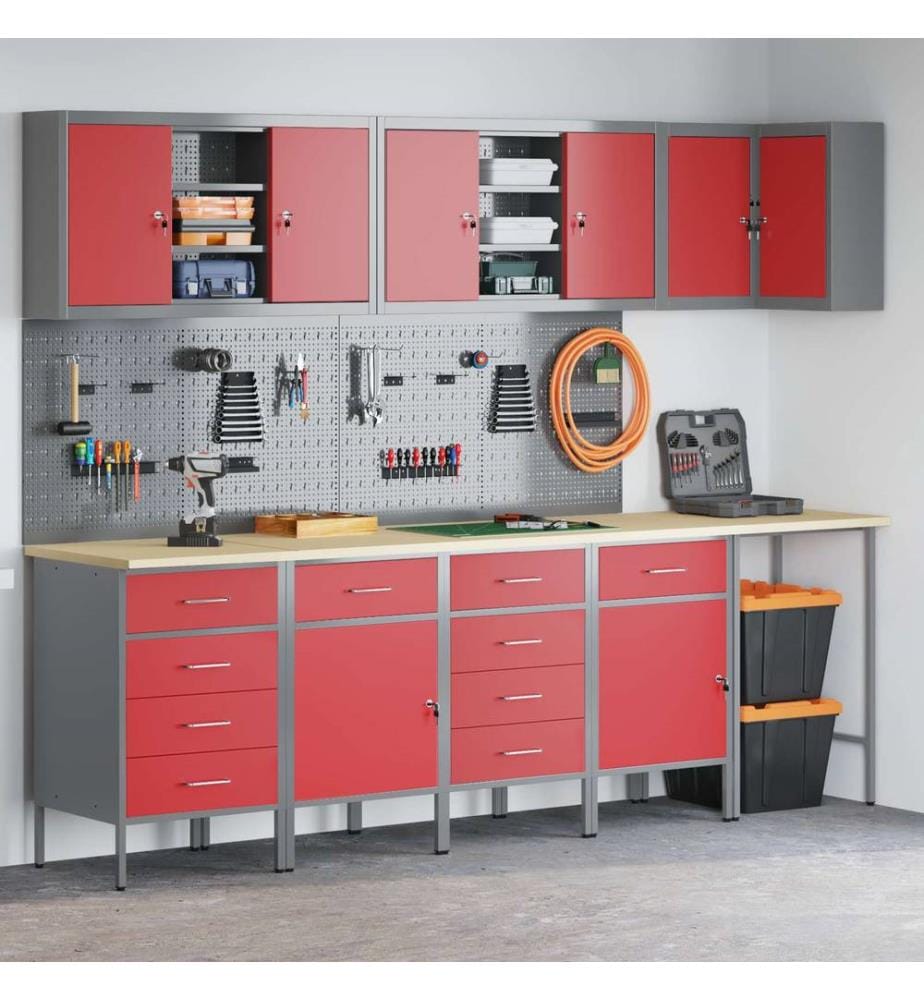 Arbeitsschrankset mit Schubladen mit Regal 12 pcs Rot und Grau