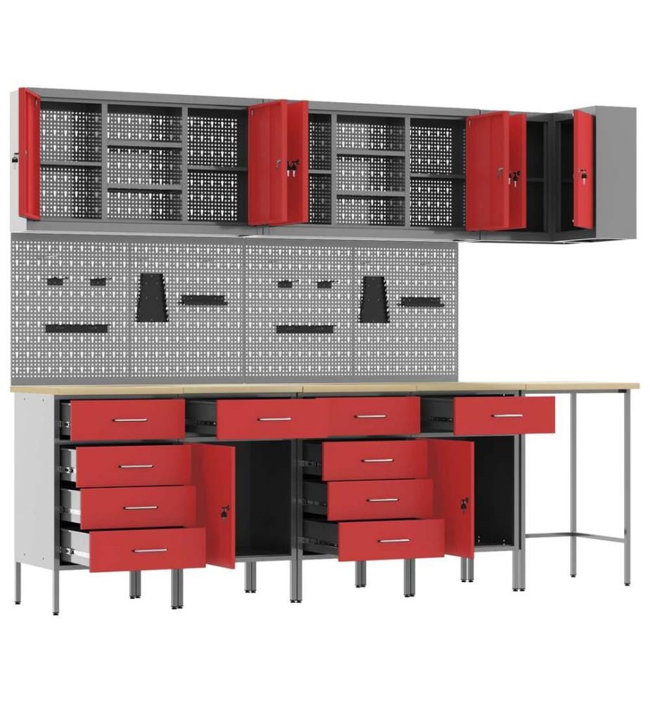 Arbeitsschrankset mit Schubladen mit Regal 12 pcs Rot und Grau