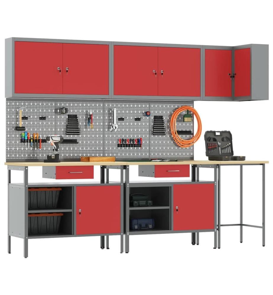 Arbeitsschrankset mit Schubladen mit Regal 10 pcs Rot und Grau
