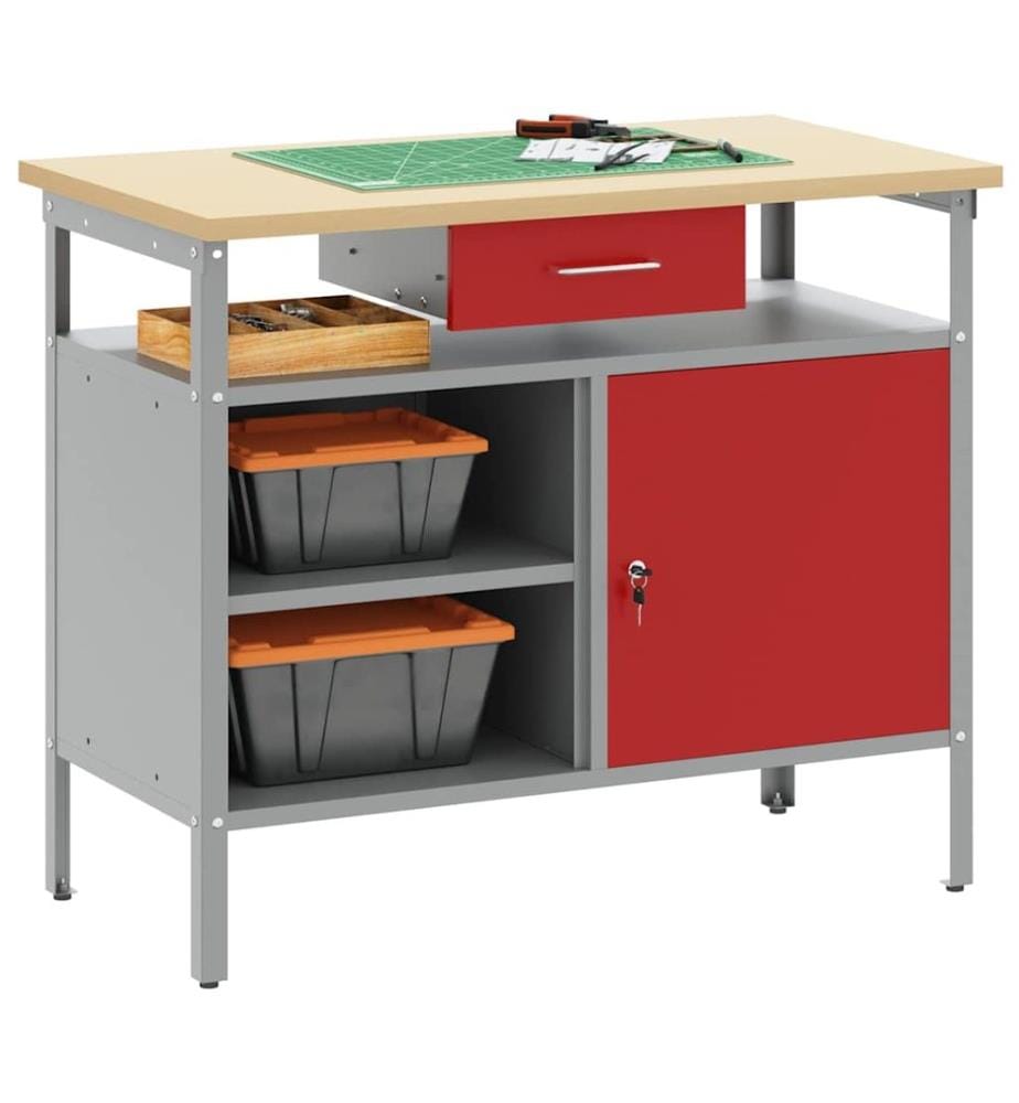 Werkbank mit Schubladen mit Regal Rot und Grau 100 x 55 x 85 cm