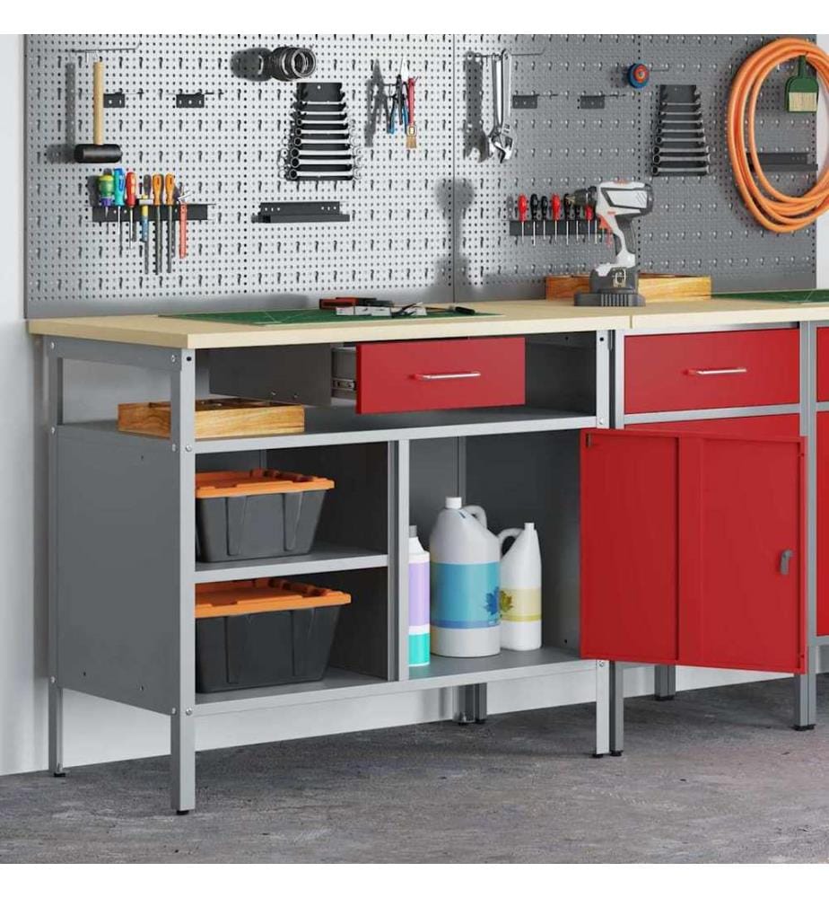 Werkbank mit Schubladen mit Regal Rot und Grau 100 x 55 x 85 cm