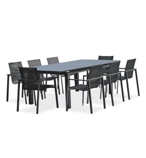 Set di tavoli da giardino MIAMI (180/240X100 cm) in alluminio con estensione automatica e 8 poltrone MIAMI - GRIGIO ANTRACITE