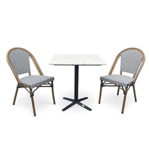 Set di tavoli da giardino BISTRO (70x70 cm) in acciaio nero con piano in terrazzo bianco e 2 poltrone BISTRO impilabili - BLU