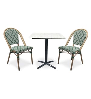 Set di tavoli da giardino BISTRO (70x70 cm) in acciaio nero con piano in terrazzo bianco e 2 poltrone BISTRO impilabili - VERDE
