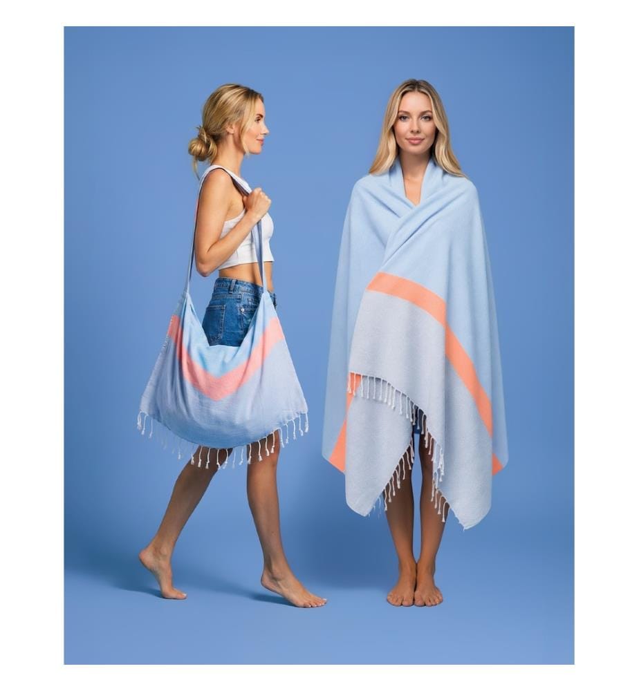 Telo mare e borsa 2in1 "Towel To Go Neon" (con confezione regalo) 100 x 180 cm - blu e grigio