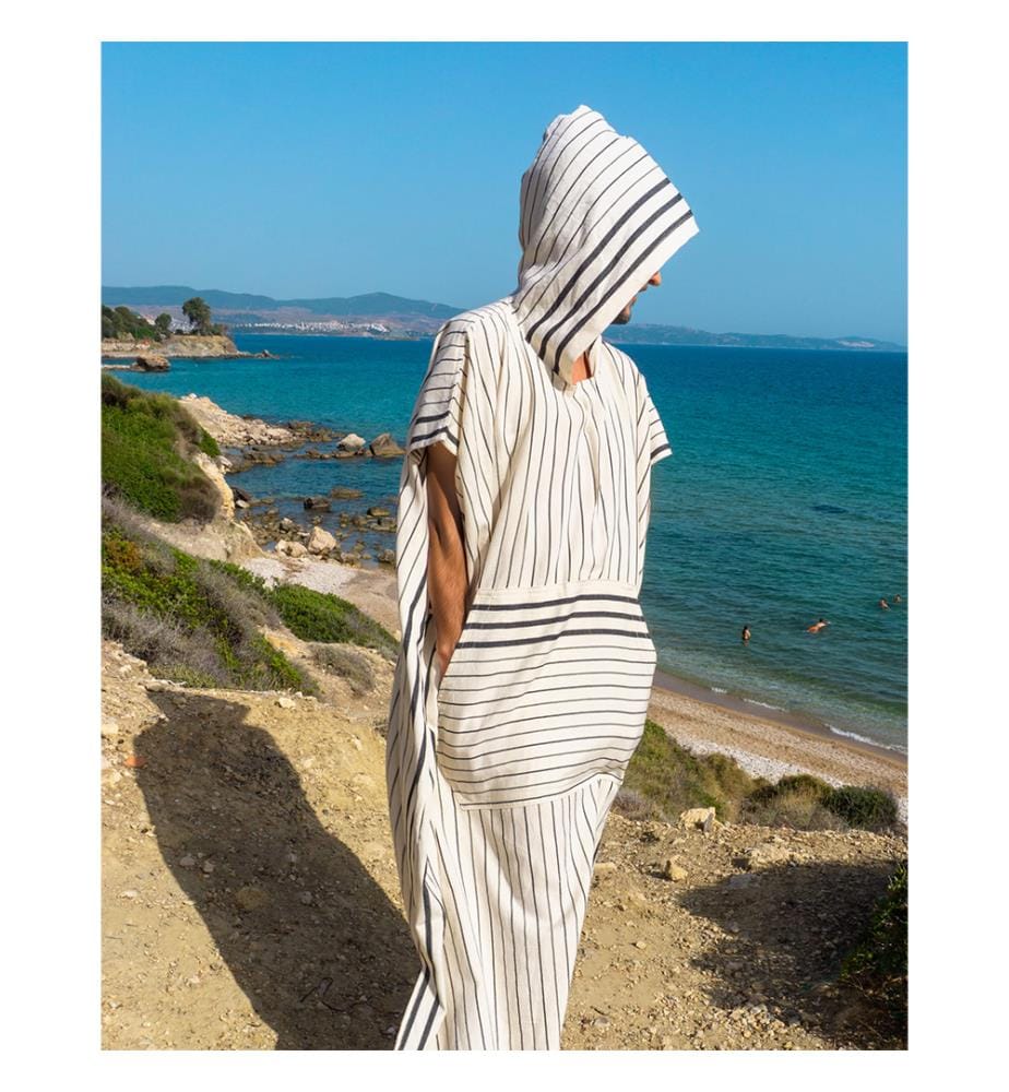Herren Baumwoll Strandponcho mit Kapuze 110x85 cm - Beige – Schwarz