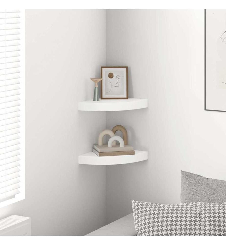 Schwebende Eckregale 2 Stk. Hochglanz-Weiss 25x25x3,8 cm MDF