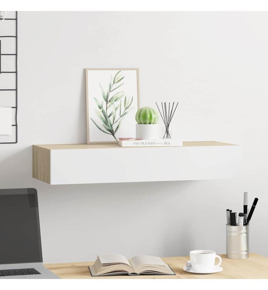 Wandmontiertes Schubladenregal Eiche und Weiss 60 x 23,5 x 10 cm MDF