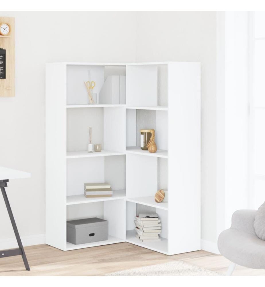 Bibliothèque d'angle à 4 niveaux blanc bois d'ingénierie