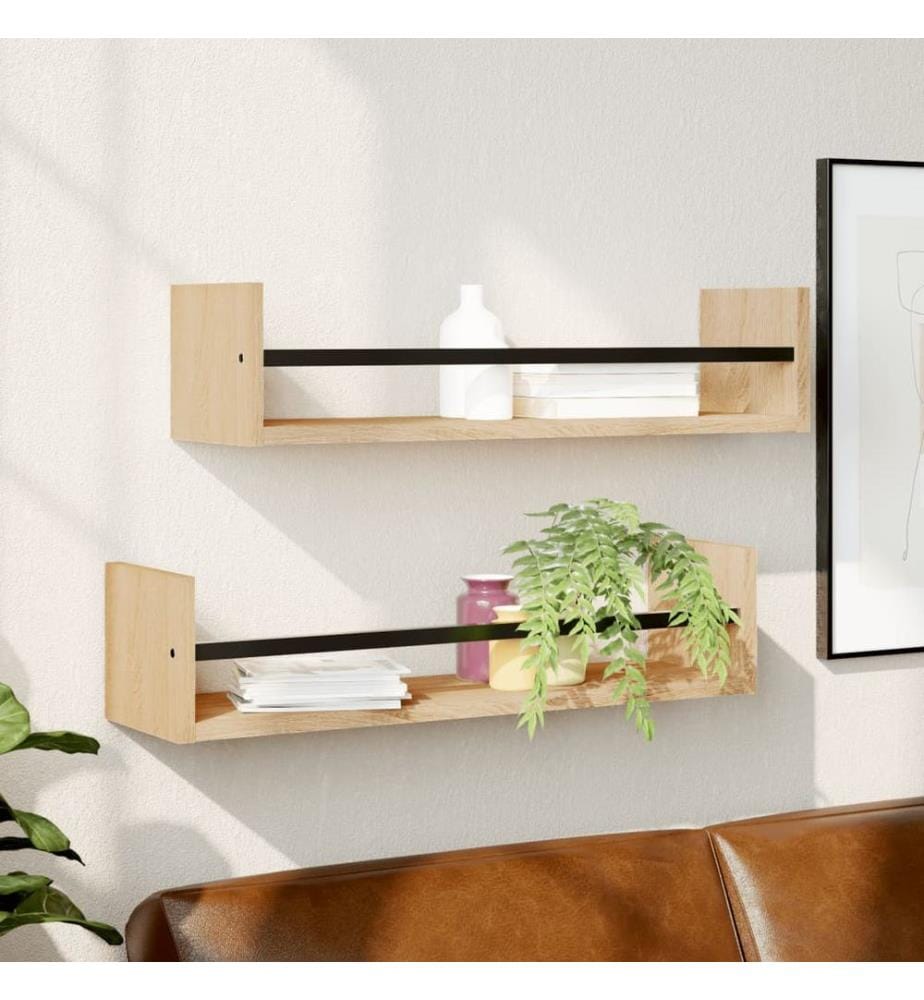Wandregale mit Stangen 2 Stk. Sonoma-Eiche 60x16x14 cm
